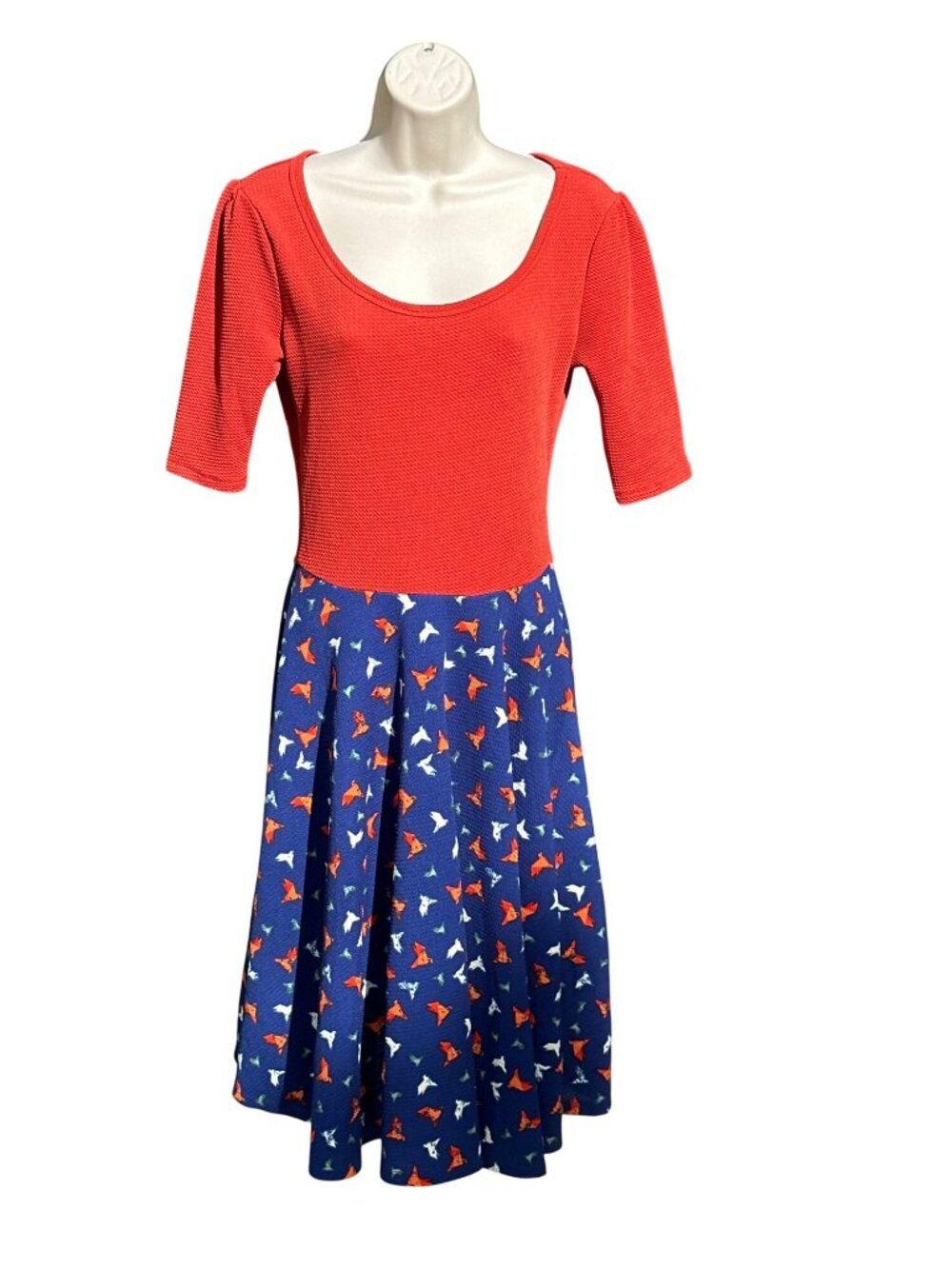 LuLaRoe Small Red Blue Amelia Bird Print Fit And Flare Pleated Pocket Midi Dress